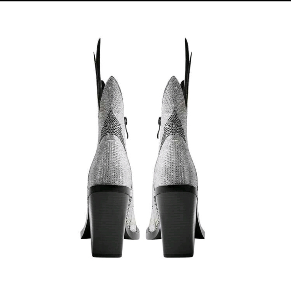 NEW RHINESTONE COWGIRL BOOTS SPARKLY POINTED TOE BLOCK HEEL ANKLE BOOTIES - Picture 3 of 6